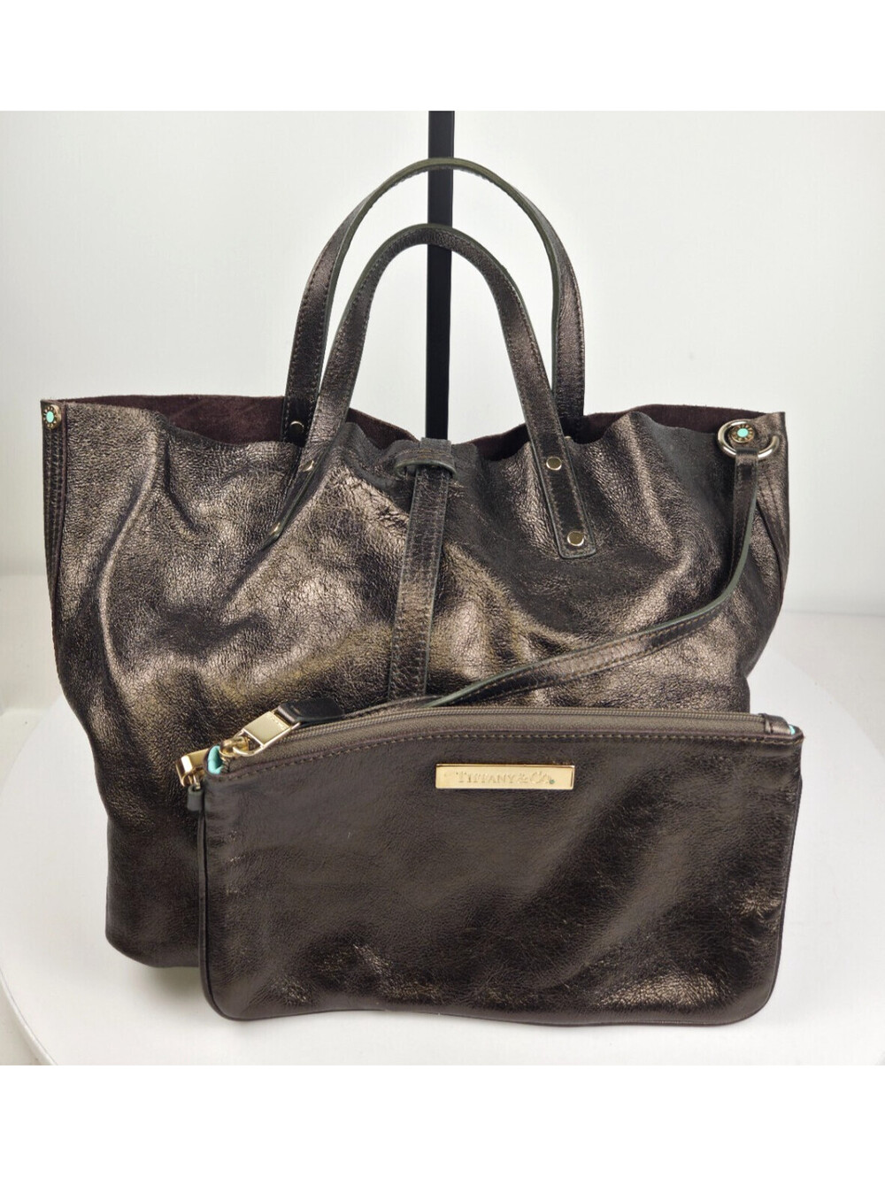 Tiffany & Co Reversible Bronze Leather Brown Suede Tote Bag Pouch Italy